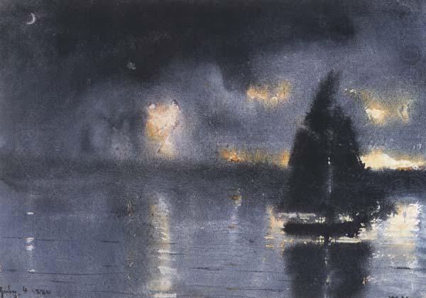 Sailboat and Fourth of July Fireworks (mk44), Winslow Homer